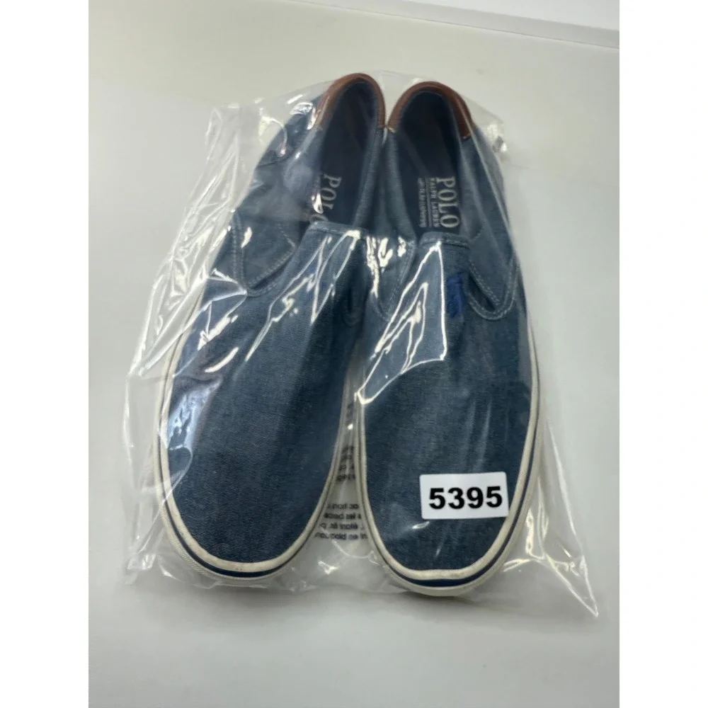 Polo Ralph‎ Lauren Thompson Mens Blue Denim Slip On Sneakers Leather Trim Sample